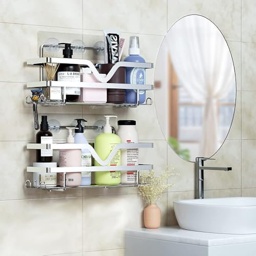 ASelected 2 Pack - Shower Caddy, Bathroom Shelf Organiser No Drilling, Adhesive Shower Storage Rack for Bathroom/Kitchen with Razor Holder, Durable Stainless Steel Shower Rack with 4 Hooks, Silvery