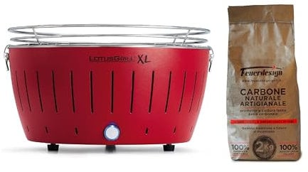 LotusGrill - Barbecue Portatile a Carbone - XL LG G435 - con cavo di alimentazione USB, 43,5 x 25,70 cm, Rosso + 2 Kg Carbone naturale Antiche Carbonaie, 100% legno di leccio italiano artigianale