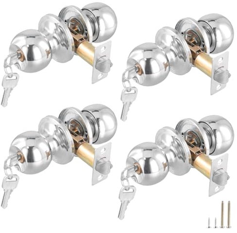 SINJEUN 4 pomos de puerta de privacidad, de acero inoxidable, cerradura de puerta redonda, cerradura de cobre, cerradura de puerta con cerradura y llave, apto para puertas de 25 a 45 mm de grosor