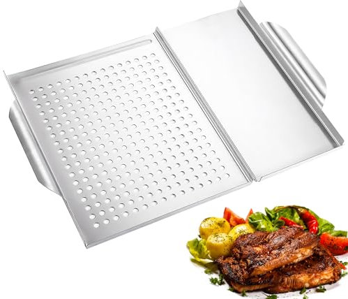 Grillplatte BBQ 45 x 31 cm, Edelstahl Plancha Grillplatte, Universal Plancha Grillpfanne, Rechteckig BBQ Grillschale, Stärke Grillblech Bratplatte Perfektes Grillzubehör für Holzkohlegrill Gasgrill