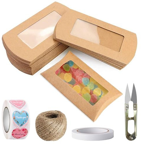 50 Stück Geschenkbox Klein Braune Kraftpapier Kissenschachteln mit Klarem Fenster, Geschenkschachtel mit Juteschnur, Doppelklebeband, Schere, Danke Aufkleber für Weihnachten Geburtstag Hochzeit