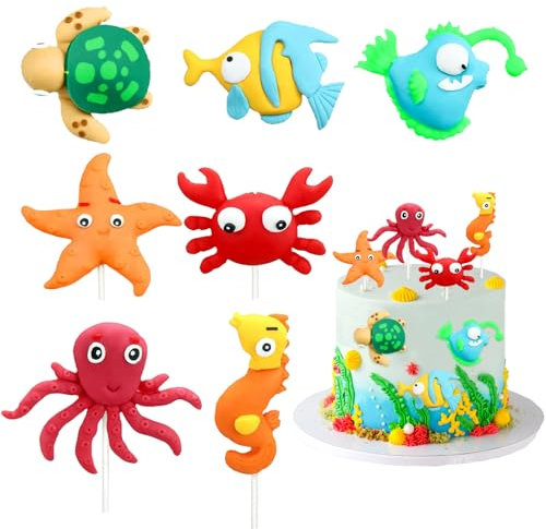 Sea Tortendeko 7 Stück Meerestiere Kuchen Deko 3D Cake Topper Figure für Kinder Geburtstag, Baby Shower, Thema Party Dekorieren