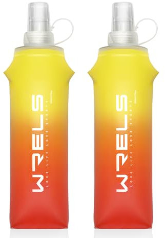 WRELS Collapsible TPU Soft Flask,Reusable Handheld Soft Water Bottle for Hydration Pack,BPA Free Gradient Folding Water Flask for Running Cycling Climbing (Yellow&Orange-500ml*2)