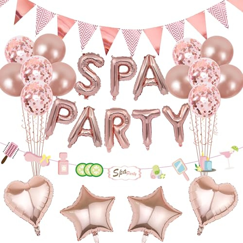 Bannière de ballons d'anniversaire spa et fanions triangulaires – Fournitures de décoration de maquillage et de nuit pour filles or rose