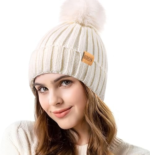 REDESS Damen Winter gestrickt Beanie Mütze Warm Fleece gefüttert mit Bommel Mütze Dick Slouchy Schnee Stricken Skull Ski Cap
