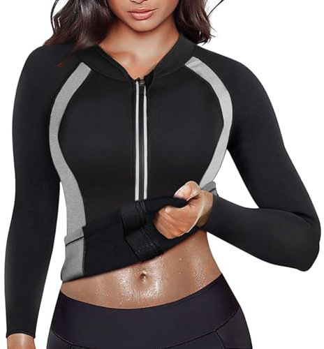 DownLTL Sauna Effekt Anzug Taille Damen Top Suit Fitness Schwitze Lange Ärmel Neopren Shirt Abnehmen Korsett Schwitzjacke Thermo Body Shaper