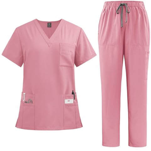 LUNULE Medizinische Arbeitskleidung Damen Herren Krankenschwester Set Waschbar Unisex Uniform Krankenhaus Kurzarm Oberteil Mit Hose Schlupfkasack Für Altenpflege Krankenpflege