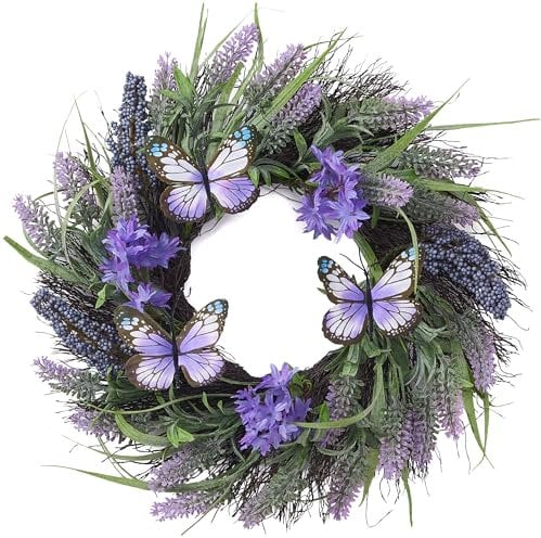 Valery Madelyn 14 Inch Spring Wreath for Front Door, Artificial Lavender and Butterfly Easter Door Wreaths, Purple Summer Door Wreath Outdoor All Year (M)