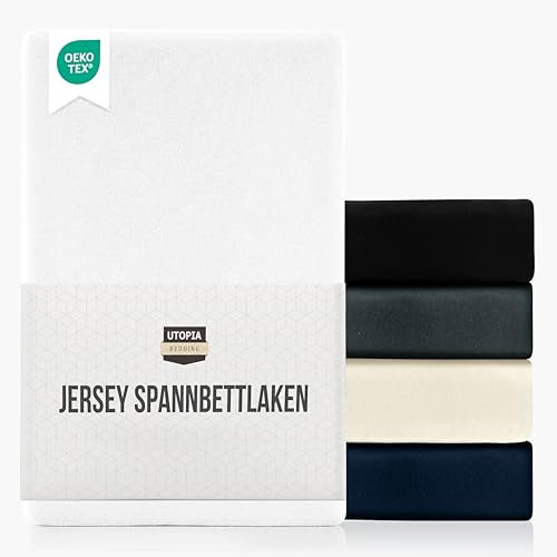 Utopia Bedding Jersey Spannbettlaken, Weiß, 180 x 200 cm – 25 cm, Bettlaken Baumwollmischung, Oeko-Tex Zertifiziertes, Zuschnitte für Dicke Matratzen