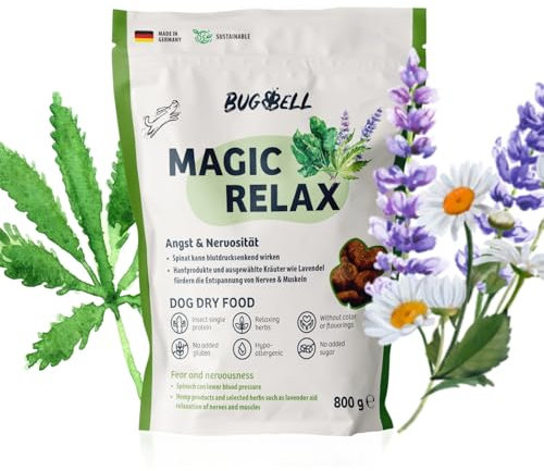 BugBell 800g Hundefutter trocken getreidefrei, Spinat & Hanf & Hanf & Heilkräuter zur Entspannung, verträgliche Insektenproteine, 100% bedarfsdeckend, hypoallergenes & purinarmes Trockenfutter