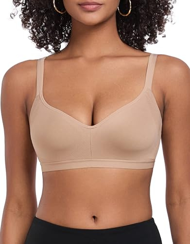 ANGOOL Damen BH Ohne Bügel Mittlerer Halt Sport BH Rückenverschluss Verstellbar Träger Klassische Schlaf Bra Gepolstert V-Ausschnitt Seamless, Beige, L