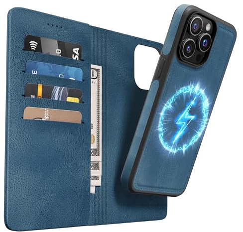 OASISBLUE iPhone 15 Pro Max Hülle,[2 in 1 Magnetisch Abnehmbar] Kabelloses Laden Kompatibel Stoßfest Schutzhülle Lederhülle Klapphülle Handyhülle für iPhone 15 Pro Max - blau