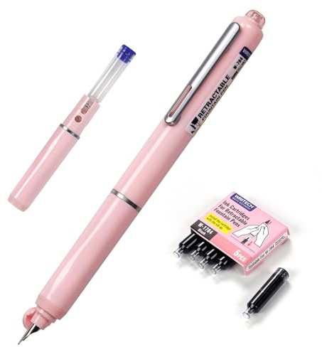 WRITECH Retractable Fountain Pen Set: Black Ink Fine Nib, 5 Refillable Ink Cartridges Included, No Leaking Smooth Writing for Calligraphy Journaling Gift (Pink)