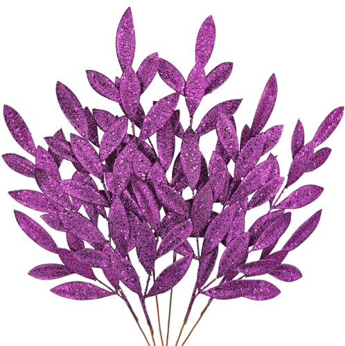 Hollyone 60CM Weihnachten Picks Glitzer 6 PCS, Weihnachtsdeko Glitzer, Weihnachten Blätter, Glitter Kunstzweig Blätter Violett mit Lange Biegbare Stiele für Weihnachtsbaum Neujahr Dekoration