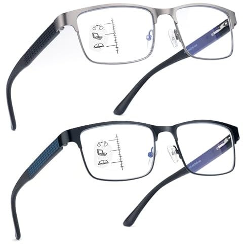 Missfive 2 Pack Gleitsichtbrille Herren Metall Multifokale Blaulichtfilter Halbrahmen Gleitsicht Lesebrille Mit Federscharniere (Schwarz&Gunmetal, Nähe-Mittlere Entfernung, 2.5x)
