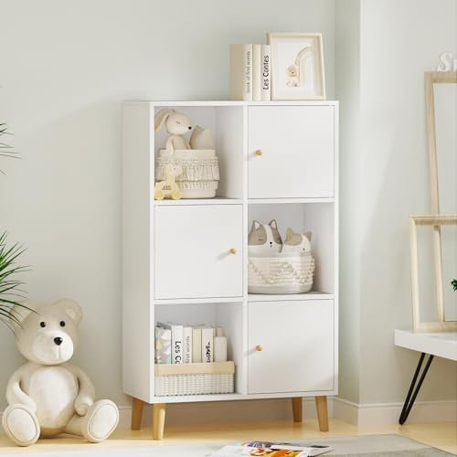 HaodaCulture Bücherregal, Regal mit 3 Türen, Würfelregal Mit 6 Fächern, Bücherschrank Standregal Aktenregal Ordnerregal, Bücher Regal Weiß, 64,5x30x109.5cm