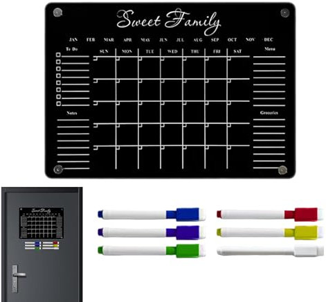 Magnetic Calendar Planner for Fridge, Magnetic Black Dry Erase Board with 6 Erasable Markers Acrylic Erasable Message Pad for Kitchen, 29.7x21cm