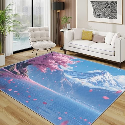 Japanisch Teppich 200x200 cm, Rosa Kirschblüten Romantisch Waschbarer Teppiche Wohnzimmer, Schneeberg Landschaft rutschfest Antirutsch Groß Teppiche Für Esszimmer, Quadratisch, Rosa Blau Weiß