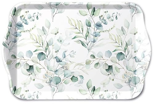 Ambiente Tablett 13x21cm Melamin mit Eukalyptus Motiv - zum Dekorieren & Servieren - kleines Serviertablett für Kaffee Tee Frühstück - Tischdeko Frühling Natur Sommer - Dekotablett modern Weiß Grün