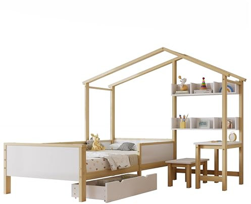 Goldicoo Montessori Hausbett 90X200, L-Form, Kinderbett aus Holz mit Rausfallschutz, Lattenrost, Schreibtisch und Regal