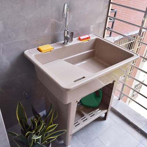 Fregadero de lavandería independiente con tabla de lavado, lavabo de plástico para baño, cocina, garaje, incluye kit de tubo de drenaje, compatible con grifo caliente y frío