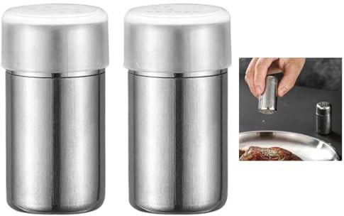 2 Pcs Mini Stainless Steel Salt and Pepper Shakers, 1.9 x 0.98 Travel Size, Moisture Proof, Leak-Proof Spice Containers for Camping, Lunch Box, Kitchen ﻿