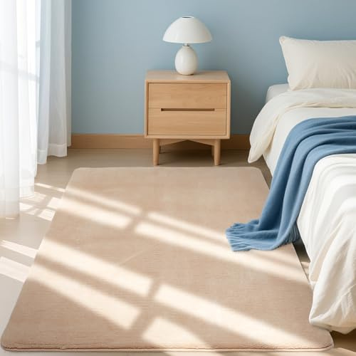 Teppich Läufer Flauschiger Kurzflor, Wohnzimmerteppich, 80X100, Beige | Kleiner Matte Flur Teppiche Schlafzimmer, Einfarbiges Bettvorleger Rutschfest für Deko/Küche/Eingang/Kinderzimmer