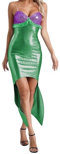Felcia Damen Halloween Meerjungfrau Kostüm Ärmellos Rückenfrei Asymmetrischer Saum Pailletten Meerjungfrau Kleid für Cosplay Party (A-Grün, XL)