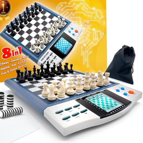 RKXKJ 8-in-1 Elektronisches Schachset Mit Speicherfunktion, LCD-Bildschirm Und 30 Schwierigkeitsstufen Für Partien Zu Zweit Und Für Die Ganze Familie