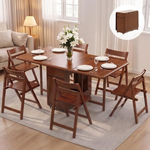 TFFCIC Folding Drop Leaf Dining Table and Chairs, Space Saving Solid Wood | Fully Assembled Foldable Table with Storage & 4 Wheels for Kitchen Small Spaces, 130 cm Table with 6 Hidden Chairs, Walnut