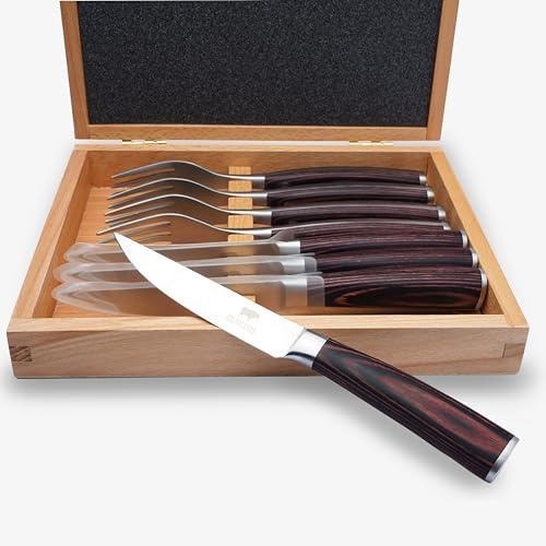 BEEFSTONE Steakbesteck Set 8-teilig, 4 Steakmesser mit glatter 12 cm Klinge + 4 Steakgabeln, Ergonomische Pakka-Holzgriffe, Geschenkbox aus Holz