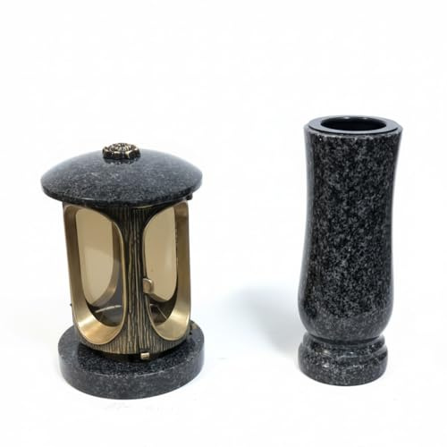 Grablampe und Grabschmuck Vase Set aus Granit Impala – Laterne & Blumenvase für Grabstein – Witterungsbeständig, Handgefertigt
