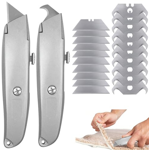 Cutter Professionnel Dauphin Avec Sécurité Pour Moquette Et Sols PVC, Cutter Pour Lames Trapézoïdales Et Lame Crochet, Set Couteau Utilitaire Aluminium 2 Pièces Avec 20 Lames SK5 Alliage
