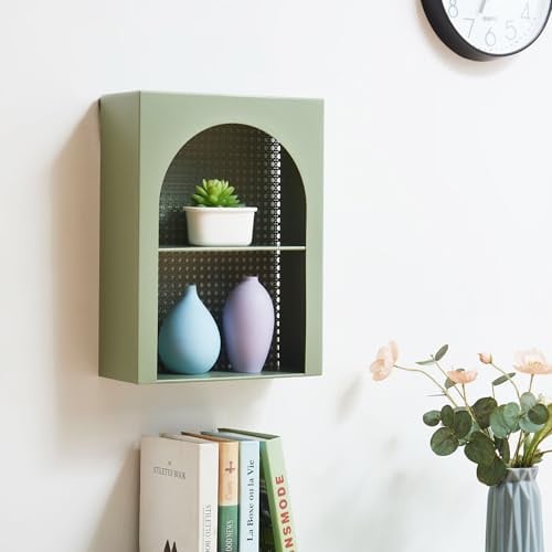 [en.casa] Wandregal Jäller Hängeregal Schweberegal offen Wohnzimmer Schlafzimmer Wandboard mit Rückwand in Rattanoptik 40 x 30 x 13 cm Metall Grün