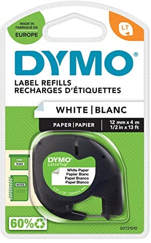 DYMO Original LetraTag Papier Etikettenband | schwarz auf weiß | 12 mm x 4 m | selbstklebendes Papier Schriftband | für LetraTag-Beschriftungsgerät