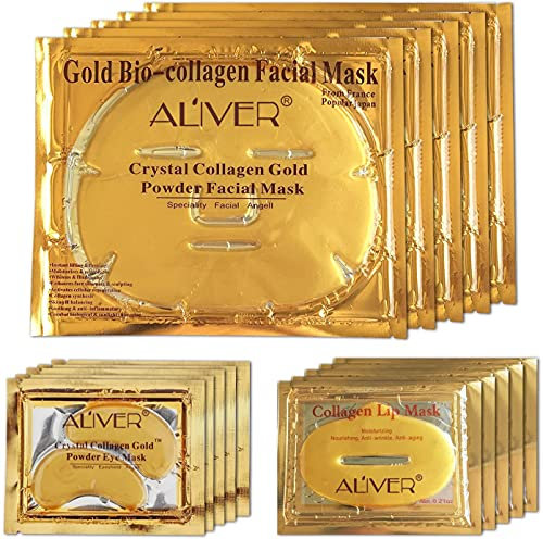 LeSB 5pcs 24k Gold Bio-collagen Facial Mask + 5pairs Gold Powder Eye Mask + 5pcs Gold Lip Mask (5sets/package), Idratante