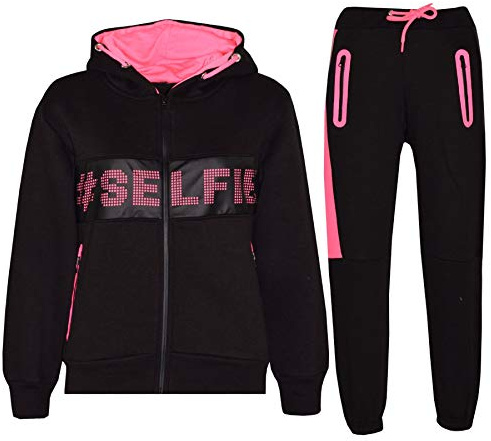 A2Z 4 Kids Kids Boys Girls #Selfie Hoodie & Botom Jogging Suit Tracksuit - T.S Selfie 003 Black & Neon Pink 7-8