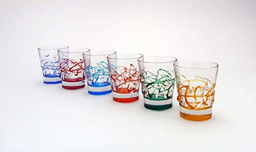Perle d'Arte Lot de 6 Verres à Liqueur Short Shot Jazz en cristal peint à la main, multicolores, dans le style Murano Venise.