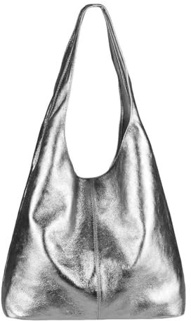 OBC Made IN Italy Damen Leder Hand-Tasche METALLIC Shopper Schultertasche Hobo-Bag Henkeltasche Beuteltasche Silber (Anthrazit-Metallic)