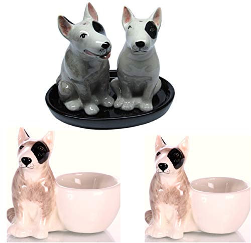 B2SEE LTD Salz und Pfeffer-streuer - Bullterrier - Hund - Eierbecher Keramik Geschenk Küchentisch Hundeliebhaber Frühstücksset 5 teilig