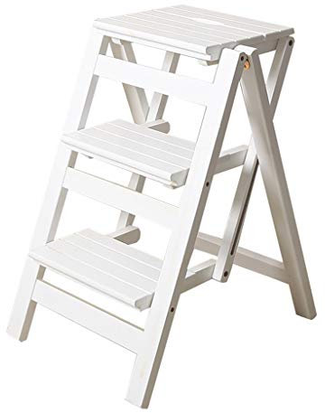 ZHZ-DT Leiterstuhl Hockerleiter Treppenstuhl 3 Stufen Holz Klappbar Haushaltsleiter Tritthocker Faltbar Klappstufen Leiterhocker für Küchen Bibliothek Multifunktions, Weiss