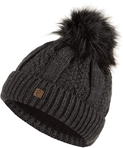 Faera Wintermütze Mütze Damen warm gefüttert Kunstfell Bommelmütze Zopf-Strickmuster Fleecefutter Bommel Winter Herbst Strickmütze Beanie Mädchen 61, Farbe:Anthrazit