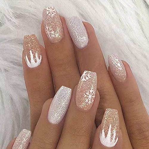 Brishow Faux Ongles de Noël Français Court Faux Ongles Neige Press on Nails Décorations de Noël Ballerine Acrylique Fake Nails 24pcs pour Femmes et Filles (a)