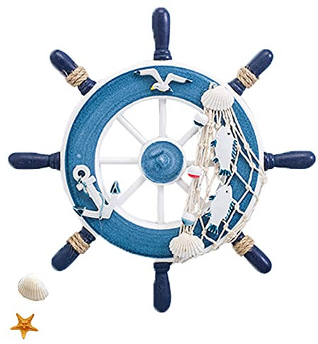 Maritime Wanddeko: Steuerrad aus Holz, Fischnetz Schiff Lenkrad Deko, Zur Wanddekoration (Blau)