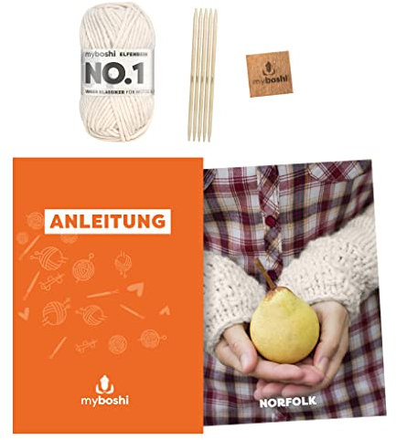 myboshi Strickset Stulpen Norfolk, inkl. No.1 Wolle, Nadel und Anleitung, original Label, Strickpaket, 30% Merinowolle Beige mit Nadelspiel