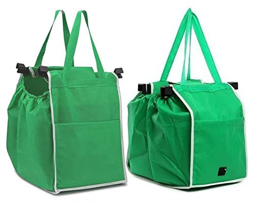 Clixde 2 x Einkaufstaschen für Einkaufswagen, Faltbare Tasche für alle gängigen Einkaufswagen Wasserdicht mit Verschluss Aussentaschen Verstärkung Grün 38 x 35 x 25 cm umweltfreudlich