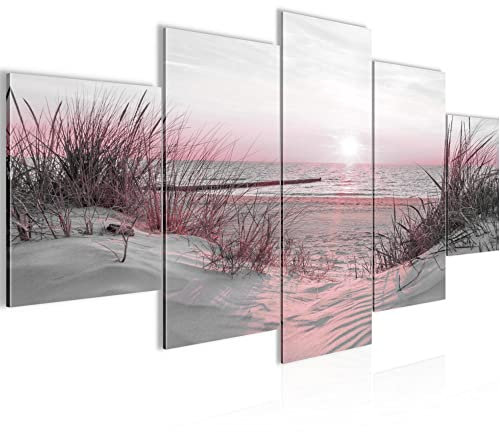 Runa Art - Bilder Strand Sonnenuntergang 200 x 100 cm 5 Teilig XXL Wanddekoration Design Rosa Grau 041751b