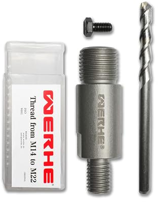 WERHE Rührwerksadapter M14 auf M22, für Kernbohrer und Betonlochsägen | Werkzeugstahl, inkl. Führungsbohrer und Sicherheitsschraube, 8 x 2,5 cm, grau, für Mörtelrührer