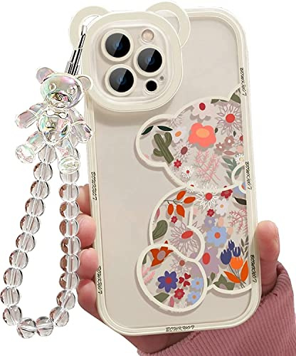 Aitipy Compatible with iPhone 13 Case, Cute Flowers Floral Bear Cover with Lovely Wrist Strap Bracelet Chain for Girls Women, Clear Kawaii Camera Protection Pretty Trendy Phone Skin