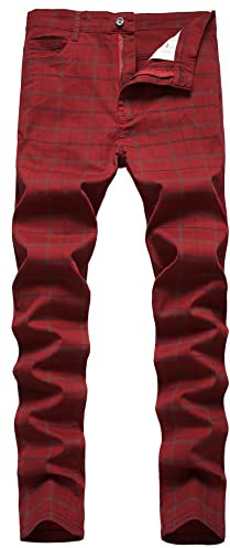 FEOYA Pantalon Chino à Carreaux Homme Stretch Pantalon Habillé Droit Élastique Ecossaise Pantalons Crayon Tartan Extensible Slim Ajusté Costume à Carreaux Rouge Taille 30
